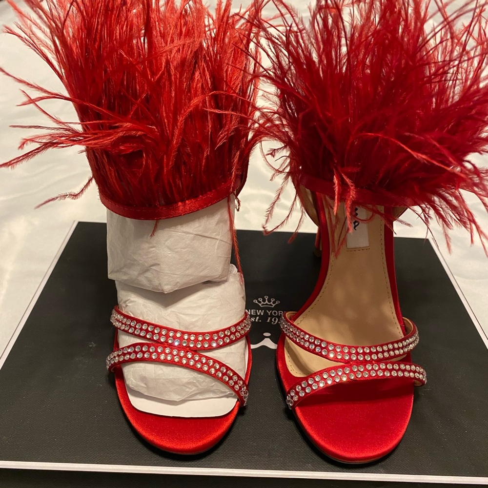 Nina Red High Heel Strappy Shoes with feathers and rhinestones